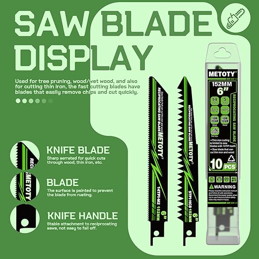 6 inch Reciprocating Saw Blade Set for Metal Wood Iron, Reciprocating Saw Blade Set - 5 TPI & 14 TPI, 10 Pieces with Organizer Case, Durable HCS for Tree Branches