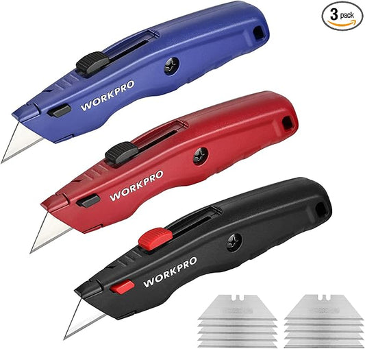 WORKPRO Premium Utility Knife, Retractable All Metal Heavy Duty Box Cutter, Quick Change Blade Razor Knife, with 10 Extra Blades, Set of 3 (Black, Red, Blue)