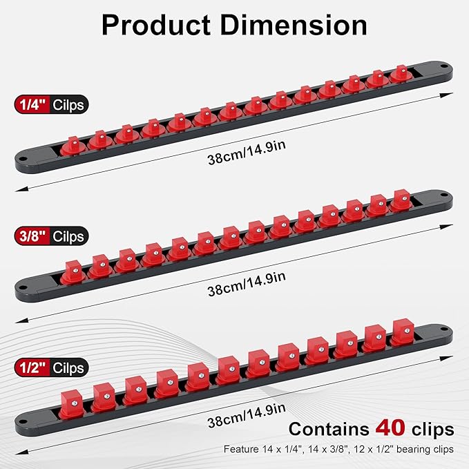 FivePears 3PCS 360째 Socket Organizer Twist Lock,3/8 1/4 1/2 Socket Storage Rails, Premium Quality Socket Holders for Tool Box 竊똖ool Carts竊똂ontains up to 40 Clips (Blue, Red and Black)