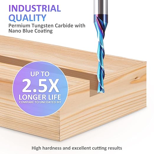 HQMaster Spiral Router Bit Downcut 1/4 Inch Shank Solid Carbide CNC Router Bit with Nano Blue Coating CNC Bits End Mill for Woodwork Mortise Slot Trim