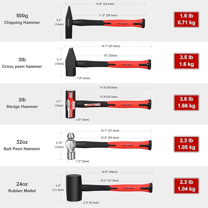 MAXPOWER 5-Piece Hammer Set - 3LB Sledge & Cross Peen, 500g Chipping, 32oz Ball Peen & 24oz Rubber Mallet