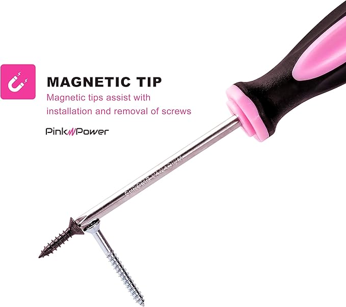 Pink Power Magnetic Screwdriver Set - 6 Piece Phillips Head and Flat Head Hand Pink Tool Set for Women & Ladies - Insulated Screwdriver Kit with Magnetic Tip - Screw Drivers Set