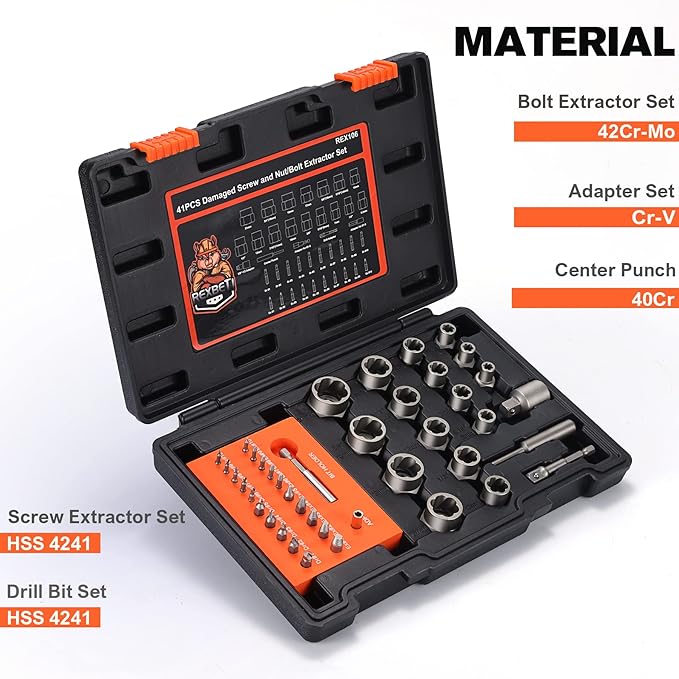 REXBETI 41-Piece Bolt Extractor Screw Extractor Set and Stripped Screw Remover, Case with 16-Piece Bolt Extractor, 10-Piece HSS Drill Bit, 10-Piece Spiral Screw Extractor and 4 Piece Adapter