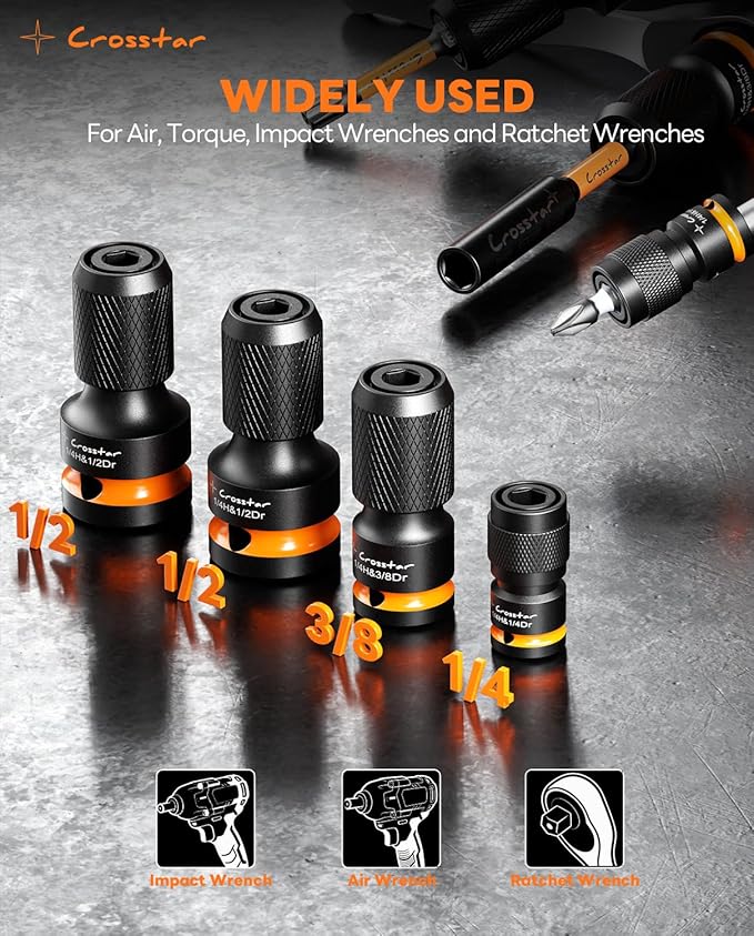 Crosstar Impact to 1/4 Hex Converter Set,Screwdriver Bit Holders,for Electric & impact Wrenches,Cr-Mo Steel,1/2 3/8 1/4-Inch Square Drive Female to Hex Socket, Quick Release Chuck Adapter,4 Pcs
