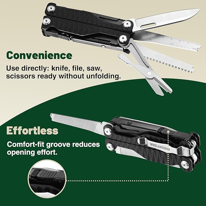 MOSSY OAK Multitool, 17-in-1 EDC Multi Tool with CNC-Machined Steel Pliers, G10 Anti-Slip Handle, Nylon Sheath & Belt Clip ??Durable MultiTool for Camping, Hiking, Hunting, Survival, and Everyday Use