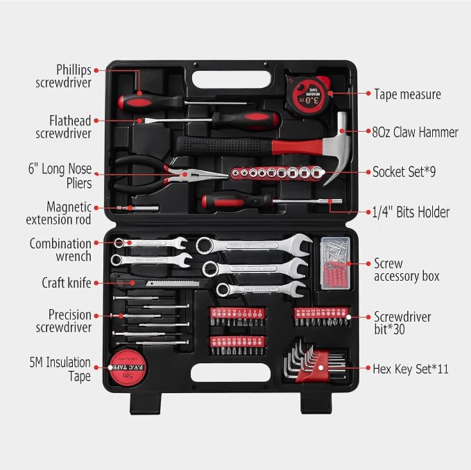 146-Piece Household Tool Kit - Perfect for Home Repair, Car Maintenance, DIY Projects - Complete Set w/Hammer, Screwdrivers, Pliers, Wrench with Storage ToolBox - Ideal Gift