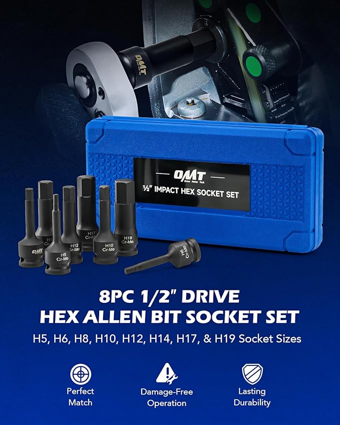 Orion Motor Tech Hex Allen Bit Sockets, 8pc 1/2" Drive Impact Allen Bit Socket Set with H5 H6 H8 H10 H12 H14 H17 & H19 Sockets, Cr-Mo Steel Impact Metric Allen Socket Set for Socket Head Cap Bolt
