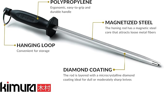 Kimura Professional Diamond Honing Steel, 10 inch Honing Rod, Diamond Knife Sharpener, Magnetized Steel, Ergonomic & Balanced Polypropylene Handle, Ideal for All Chef Knives, Japanese Gift Box