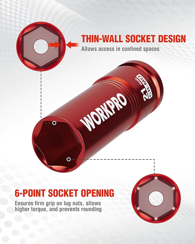 WORKPRO 1/2" Drive Lug Nut Impact Duty Socket, 21mm Deep Thin Wall Socket, Made of Premium Cr-Mo Steel, Non-Marring Lug Nut Wheel Sockets for Car