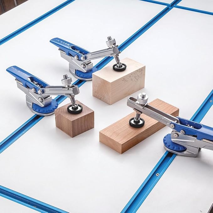 Rockler Auto-Lock T-Track Hold Down Clamp ??Adjustable Clamps for Woodworking w/Set Screw - T Tracks Woodworking Hold Down Clamps Pivots 3600 to Minimize Obstructions ??Heavy-Duty Metal T-Track Stop