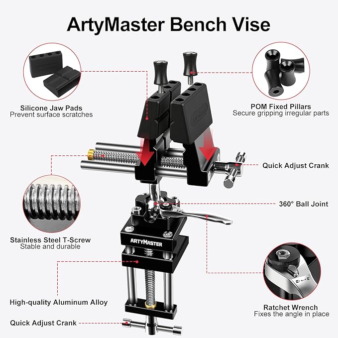 ArtyMaster Vise 4-Inch 360째 Ball Joint Swivel Bench Vise, Heavy Duty Aluminum Clamp-On Workbench Vise with Quick Ratchet Lock, Silicone Jaw Pads, Ideal for Woodworking, Repair & DIY Projects (WT117A)