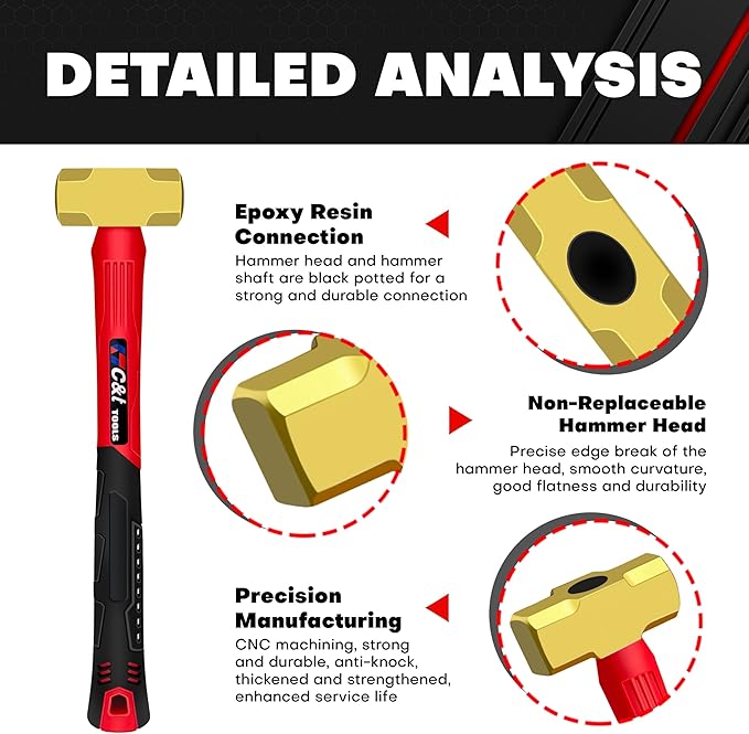 C&T 1lb Brass Sledge Hammer,Non-Sparking,Comfortable Fiberglass Handle,1-Pounds,Non-Magnetic,Corrosion Resistant