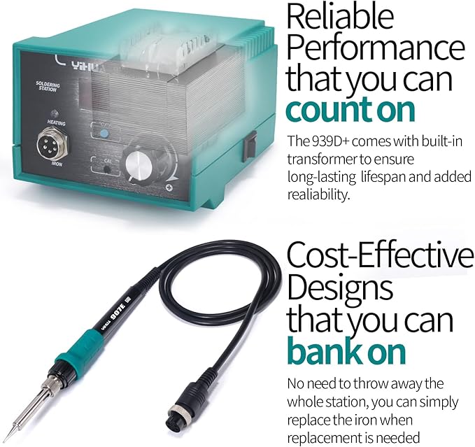 YIHUA 939D+ Digital Soldering Station, 75W Equivalent with Precision Heat Control (392째F to 896째F) and Built-in Transformer. ESD Safe, Lead Free with 째C/째F display (Green)