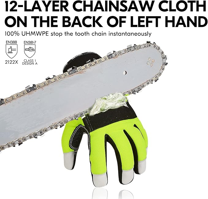 Vgo... 1Pair Chainsaw Gloves, 12-Layer Chainsaw Protection on Left Hand Back,Goat leather Work Gloves, Mechanic Gloves