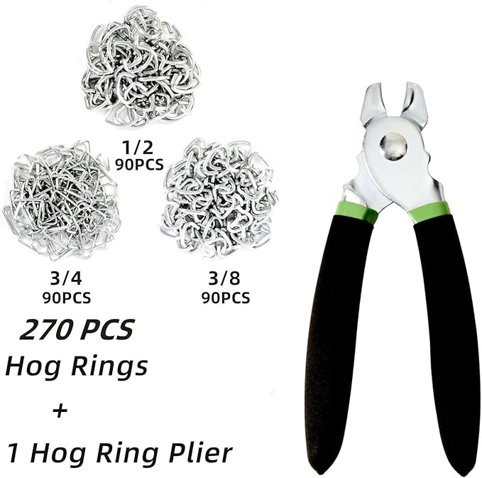 Hog Ring Pliers Kit with 270 Pcs 3/4" 1/2" 3/8" Galvanized Steel Hog Rings,Straight Hog Ring Pliers Kit for Auto Upholstery and Fencing,Bagging,DIYCraft,Furniture(Green)