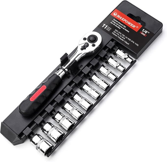 MAXPOWER 11-Piece 1/4" Ratcheting Socket Wrench Set Quick Release Reversible Ratchet Handle and Swappable Spanners Inch Imperial Sockets with Hanging Rack