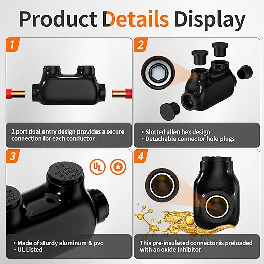 Joinfworld 2 Port Inline Splice Connector 1/0-14AWG Aluminum to Copper Wire Connectors Insulated Wire Connectors UL Listed Wire Cable Connectors with Slotted Allen Hex - 6 Pack