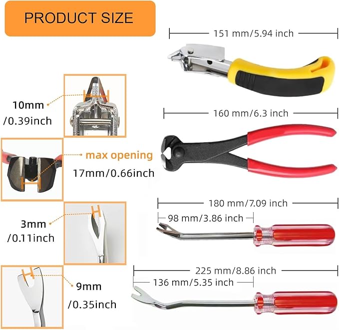 4Pcs Upholstery Staple Remover Tool Set Nail Puller, Staple Puller Set Including End Cutting Plier, Tack Pullers, Carpet Remover, Removing Staples from Construction Furniture Floor Wall Wooden