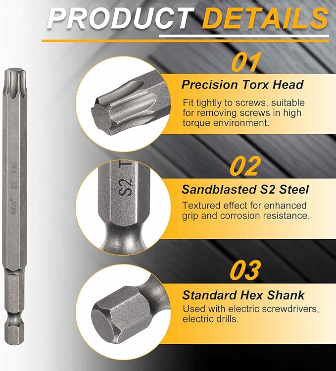 HARFINGTON 2pcs T45 Torx Head Screwdriver Bit 1/4" Hex Shank 4" (100mm) Long Magnetic No Hole Tip Tamper Proof 6 Point Star Screw Driver Drill Bits S2 Steel Industrial Power Screwdrivers