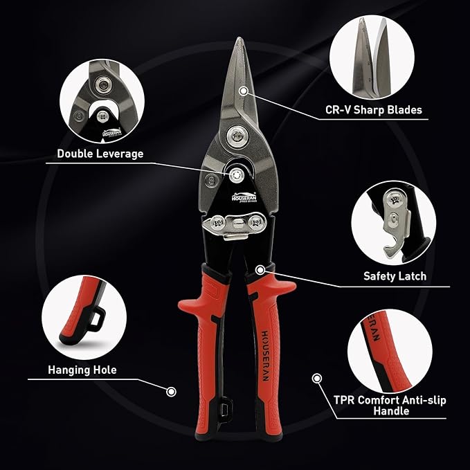 10 Inch Aviation Tin Snips, Regular Straight Cut, Heavy Duty CR-MO Metal Cutter with Double Lever, Scale Markings & Safety Lock, Shears Scissors for Cutting Metal Sheet