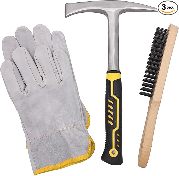 JOYFUL&HOPEFUL Chipping Hammer 12.6",28oz,Forged Steel,Working Leather Gloves 10",Professional Slag Removal Hammer with 11" Wire Brush