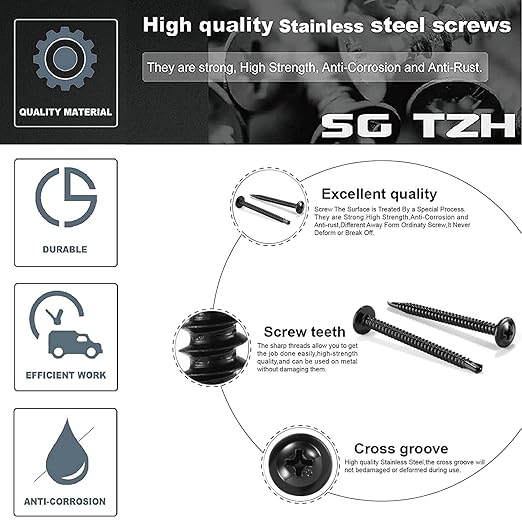 #10 x 2-1/2" Sheet Metal Screws 100PCS 410 Stainless Steel Truss Head Fast Self Tapping Screws Black Oxide by SG TZH