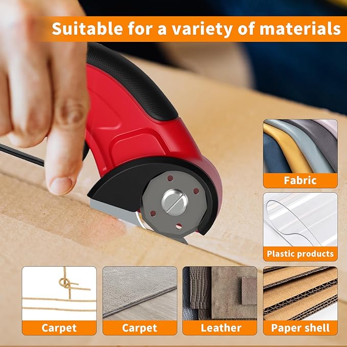 Cordless Electric Scissors Rechargeable with 2-Blade & Storage Bag, Powerful Rotary Cardboard Box Cutter 3.7V 2000mAh for Cloth Carpet Plastic Leather, Charging Cable(Red)