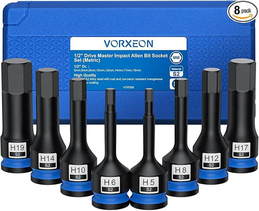 8 Pcs 1/2" Drive Metric Impact Allen Hex Socket Set S2 Alloy Steel One-piece forged With Storage Case 5 mm, 6 mm, 8 mm, 10 mm, 12 mm, 14 mm, 17 mm, 19 mm