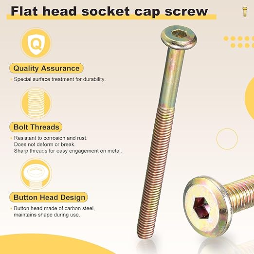 METALLIXITY Flat Head Hex Socket Cap Screws Bolts(M8-1.25x150) 5Pcs, Steel Hex Socket Furniture Bolts Screws - for Furniture Woodworking Project, Yellow