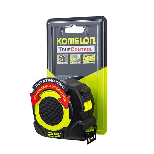 Komelon 25-Ft Retraction Control Tape Measure with Fraction Marks, Backside Printing, High Visibility Blade (TC25)
