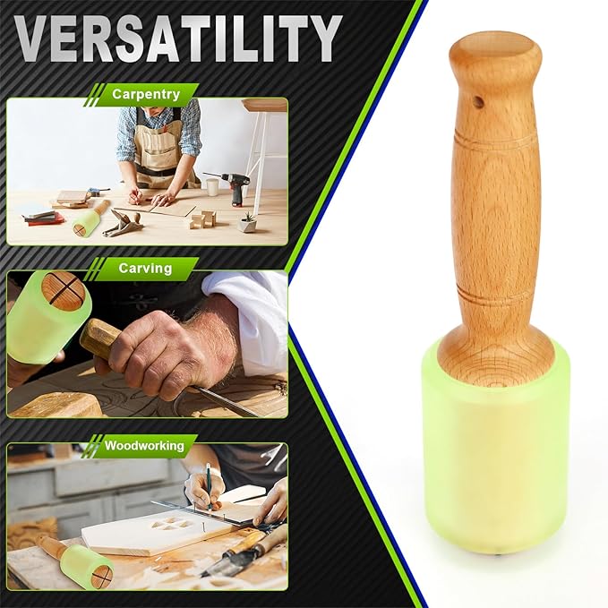 Wood Carving Mallet 12 oz - Non-Slip Woodworking Hammer for Chisels, Gouges & Carving Tools, Light Green Urethane Head