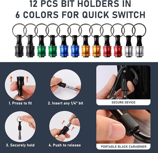 Valkynos 12PCS Bit Holder Key Chain, 1/4 Bit Holders with Right Angle Drill Attachment, Drill Bits Holder for Impact Driver Quick Release, Impact Bit Holder, Cool Gadgets Gifts for Men