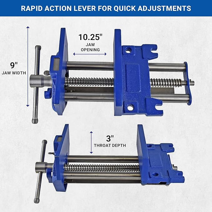 Yost Vises M9WW Rapid Action Woodworking Vise | Quick Release Lever for Quick Adjustments | 9 Inch Jaw Width | Made with Heavy-Duty Cast Iron | Blue