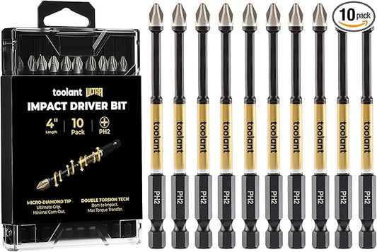 toolant 4 Inch Phillips Bit#2, Magnetic Anti Slip Impact Screwdriver Bits Set, 10pcs Impact Steel X2 PH2 Driver Dit Set with CNC Machined Tips for Impact Driver
