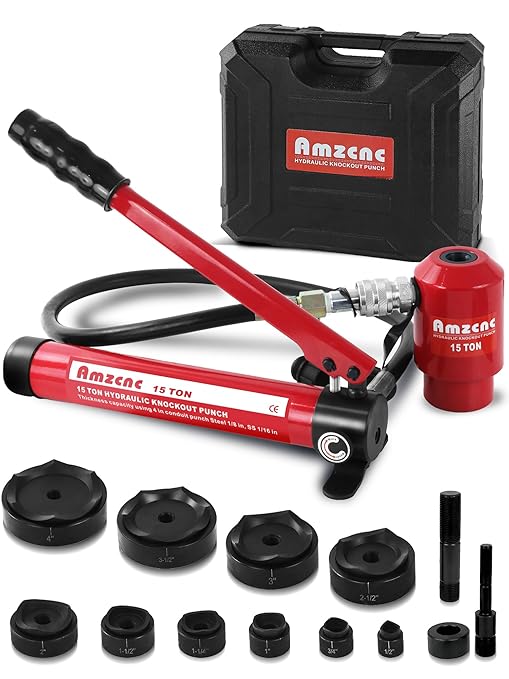 AMZCNC Hydraulic Knockout Hole Punch Set 1/2 to 4 inch Electrical Conduit Hole Cutter Set KO Tool Kit Metal Sheet Puncher (15T(1/2"~4"))