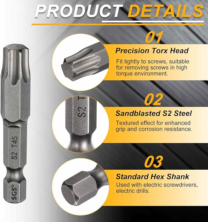 HARFINGTON 2pcs T45 Torx Head Screwdriver Bit 1/4" Hex Shank 2" (50mm) Long Magnetic No Hole Tip Tamper Proof 6 Point Star Screw Driver Drill Bits S2 Steel Industrial Power Screwdrivers