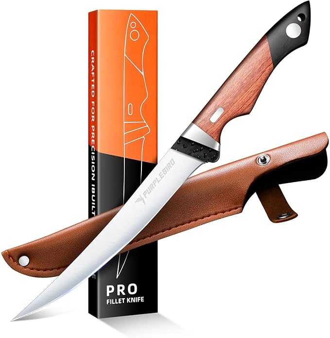 PURPLEBIRD Fillet Knife for Fish 7" with Sheath, 440C Stainless Steel Boning Knife for Meat Cutting with Wood Handle, Fish Fillet Knives Kitchen & Outdoor for Fishing, Hunting, BBQ, Christmas Gifts