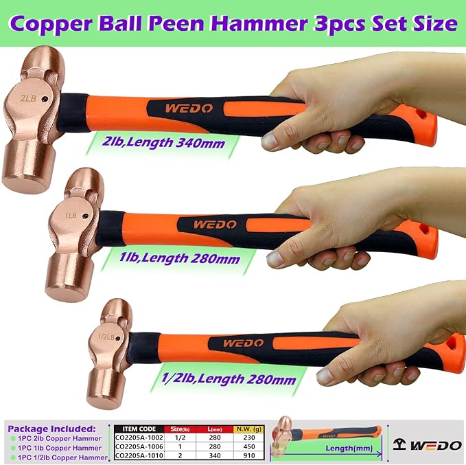WEDO 3PCS Copper Ball Peen Hammer Set, 8 oz + 16 oz + 32 oz(1/2lb+1LB+2lb),Ball Pein Hammer with Fiberglass Handle, Die-Forged, Corrosion Resistant, DIN Standard