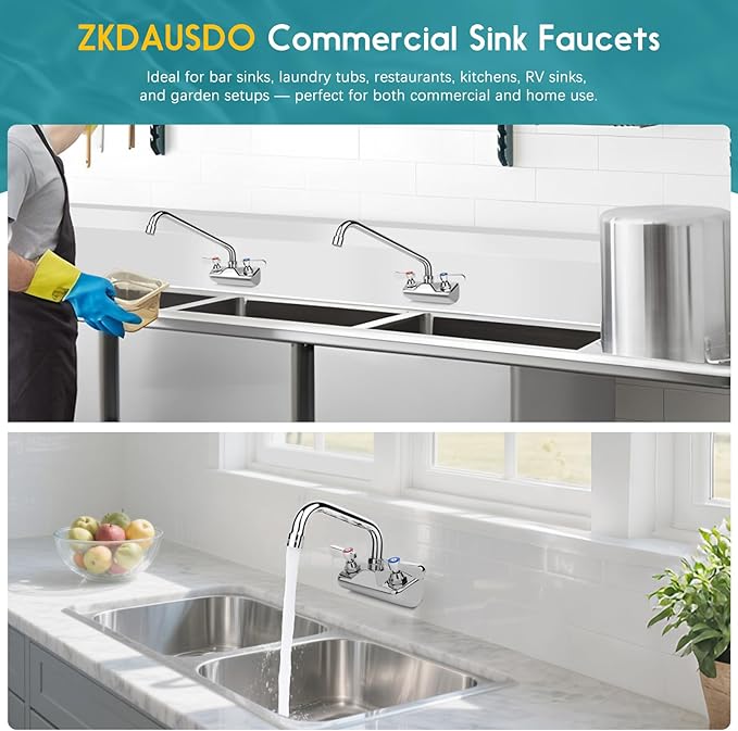 Leak-Free Commercial Sink Faucet 12" Swivel Spout, Wall Mount Kitchen Hand Sink Faucet with 4 Inch Center, 1/2" NPT Male Inlet, Brass Constructed & Chrome Polished, Dual Lever Handles