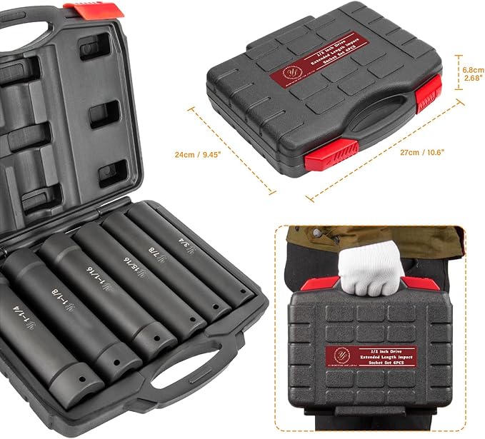 1/2 Inch Drive Extra Deep Long Socket Set, 6PCS Extended Length Impact Socket Set Contains Sizes 3/4", 7/8", 15/16", 1-1/16", 1-1/8", 1-1/4", Specifically Designed for High Torque Applications