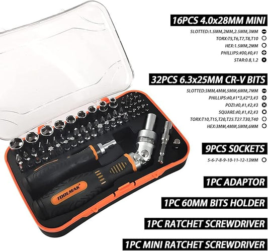 61pcs Ratcheting Screwdriver Set,Socket Set,Precision Screwdriver Bit Set with Rotatable Ratchet Handles 竊?Storage Case,Household Repair Tool Kits for Bike Watches and glasses,phones etc