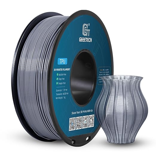 Geeetech TPU Filament 1.75mm, Shore 95A Flexible 3D Printer Filament with High Elasticity, 1KG (2.2lbs) Spool, Dimensional Accuracy 짹0.03mm, Fits Most FDM Printers (Clear Silver)
