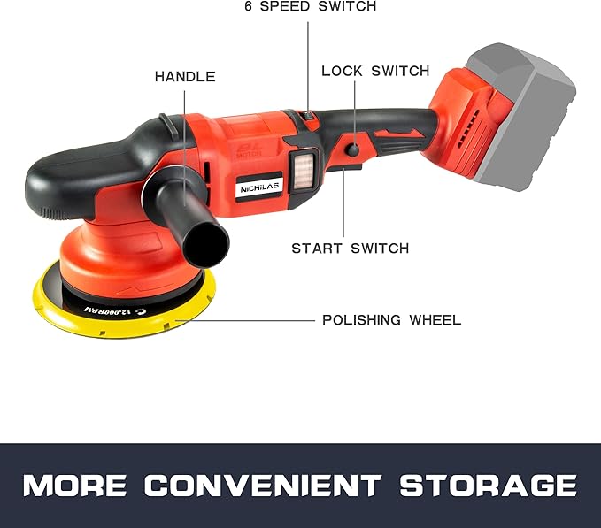Cordless Car Polisher, Orbital Portable Polishing Waxer Machine with Brushless Motor 6 speeds 750-6800RPM, Compatible with Milwaukee M18 Batteries (NO BATTERY)