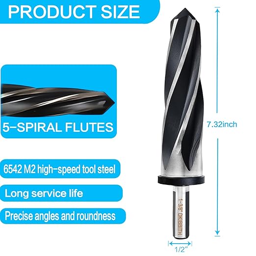 DKIBBITH 1-3/8" Bridge Construction Reamer Drill Bit, M2 HSS Taper Chucking Reamer for Steel Alloy Metal Wood Plastic, 1/2" Non-Slip Shank, 5-Spiral Flutes Car Reamer, to Align or Enlarge Holes, 35mm