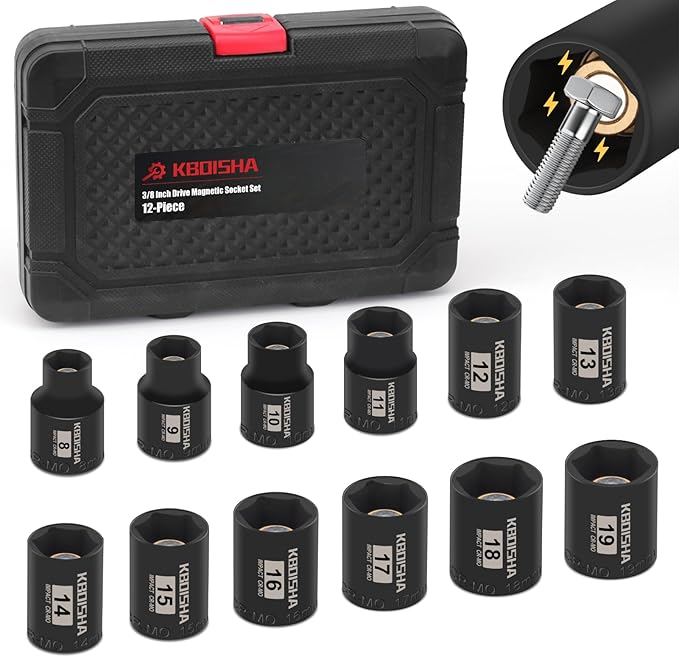 KBOISHA 3/8 Inch Drive Magnetic Socket Set,12-Piece Metric 8mm-19mm CR-MO Impact Socket Set with Heavy Duty Storage Case