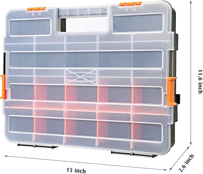 Makitoyo Tool Box Organizers, Interlocking Black Small Parts Organizer for Fasteners, Parts and Crafts w/Removable Dividers, 2 Pieces Pack, Black & Orange,15?쒵횞11.6?쓂횞2.6?쒱