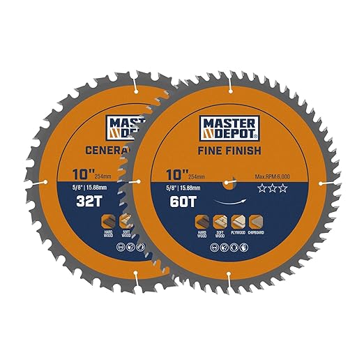 10 Inch Table Saw Blade/Miter Saw Blade, 32T for Framing & 60T for Fine Finish, Carbide-Tipped ATB, Thin Kerf, 5/8" Arbor (2-Pack)