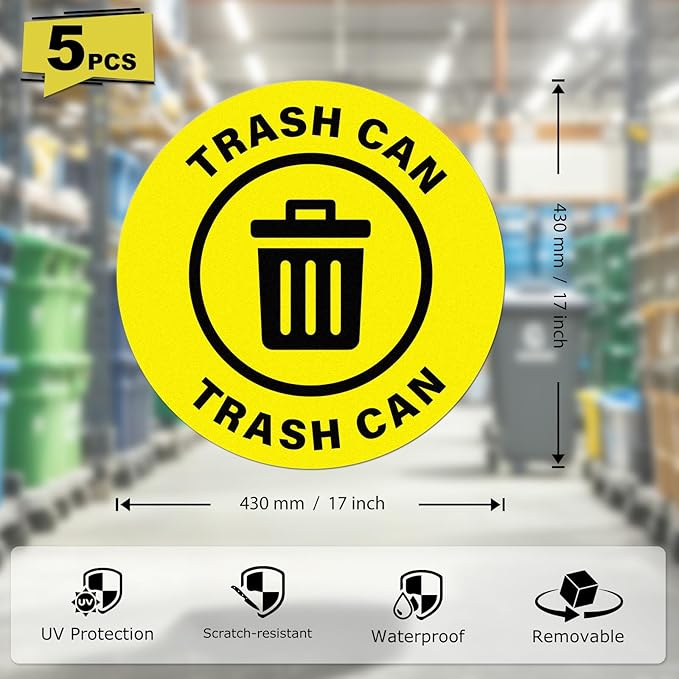 5 Pack Trash Can Sign 17횞17 Inches Large Self Adhesive Sticker Caution Safety Vinyl Waterproof Signage for Industrial Workplace Business Office