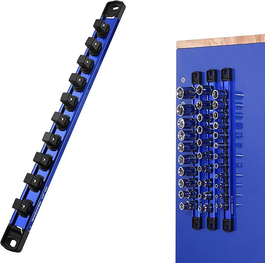 WORKPRO Magnetic Socket Organizer, 1/2" Drive Aluminum Alloy Socket Holder with 10PC Removable Socket Clips for Quick Customization, Socket Rail for Tool Box Drawer (Sockets Not Included)