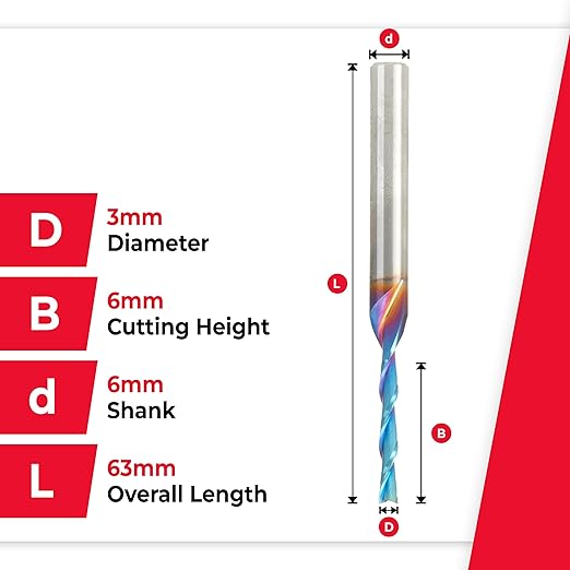 Amana Tool 48216-K SC Spektra Extreme Tool Life Coated Spiral Plunge 3mm Dia x 20mm CH x 6mm SHK 63mm Long Down-Cut Router Bit for Drilling Shelf Pin Holes